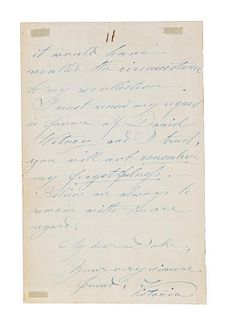 * VICTORIA. Autographed letter signed ("Victoria"), one page double-sided, April 29, 1894.