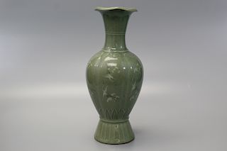 Korean celadon glaze porcelain vase with crane decoration. Signed By SUK BONG.