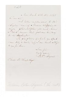 BRYANT, WILLIAM CULLEN. Autographed letter signed, one page, New York, February 20, 1868. Re: letter to John Bigelow.