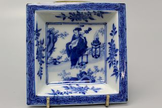 Chinese KangXi style blue and white porcelain square dish.