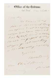 GREELEY, HORACE. Autographed letter signed, one page, June 29, 1868.