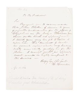 HAMLIN, HANNIBAL. Autograph letter signed, one page, April 14, 1846. Endorsement, as House member.