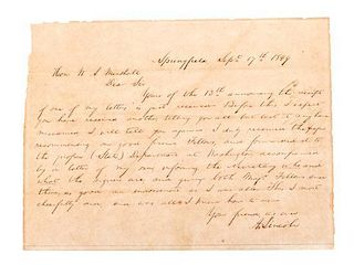 * LINCOLN, ABRAHAM. Autographed letter signed ("A. Lincoln") twice, one page, Springfield, September 17th, 1849.