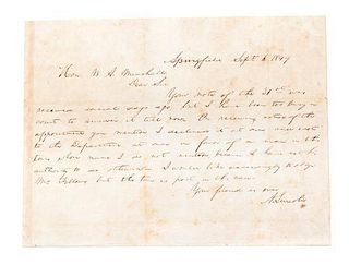 * LINCOLN, ABRAHAM. Autographed letter signed ("A. Lincoln"), one page, Springfield, September 6, 1849. To Judge W.A. Minshall.