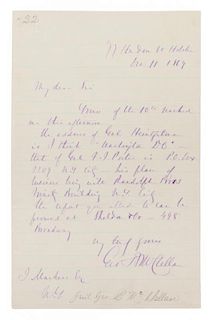 MCCLELLAN, GEORGE. Autographed letter signed, one page, December 11, 1889.