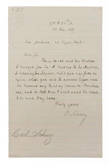 SCHURZ, CARL. Autographed letter signed, one page, December 22, 1887.