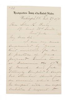 SHERMAN, WILLIAM T. Autographed letter signed, three pages, Washington, February 27, 1873. To "Hon. R. Brady."