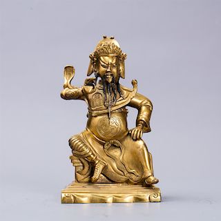 Chinese gilt bronze figure of Immortal Guangong. 