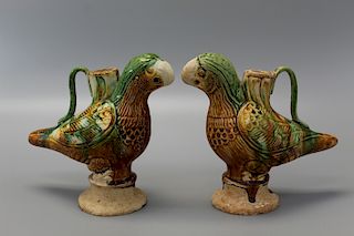 Two Chinese Sancai pottery bird teapots.