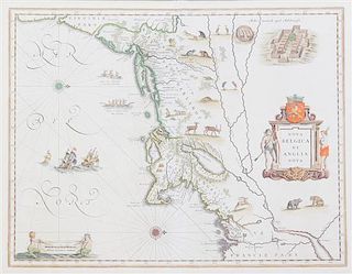 (MAP) BLAEU, WILLEM. Nova Belgica et Anglia Nova. Amsterdam, c. 1648. Engraved map with hand-coloring and decorative cartouche.
