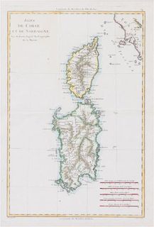 * (MAP) BONNE, RIGOBERT. Isle de Corse et de Sardaigne. With Royaume de Portugal. Paris, c. 1786 and c. 1784. Both framed.