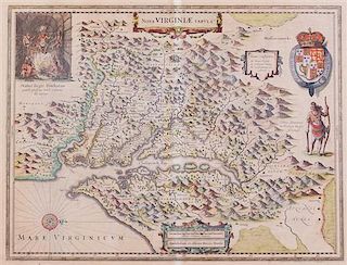 (MAP) HONDIUS, HENRICUS. Nova Virginiae Tabula. Amsterdam, c. 1636. Rare map of Virginia after John Smith's version of 1612.