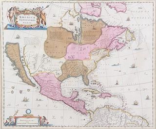 (MAP) JANSSON, JOHANNES. America Septentrionales. Amsterdam, 1640. Engraved map with later hand-coloring and decorative cartouch