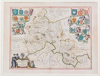 * (MAP) JANSSON, JAN. Oxonium Comitatus vulgo Oxfordshire. [Amsterdam, c. 1646] Engraved double-page map with hand-coloring.