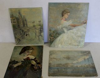 Lot Of 4 Oil Paintings On Board .