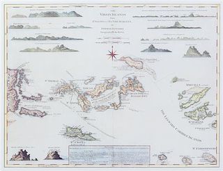 (MAP) JEFFREYS, THOMAS, after. The Virgin Islands from English and Danish Surveys. Color lithograph map. Framed and matted.