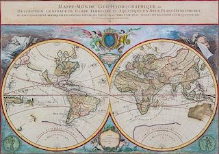(MAP) SANSON, NICOLAS. Mappe-Monde geo-hydrographique... Paris, 1690. Engraved map with later hand-coloring. Framed and matted.
