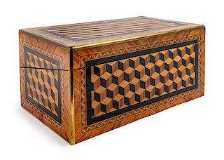 An English Brass Banded Parquetry Writing Box Height 10 x width 21 x depth 13 inches.