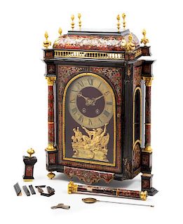 * A Napoleon III Style Boulle Marquetry Bracket Clock Height 25 1/2 x width 6 1/4 x depth 14 1/2 inches.