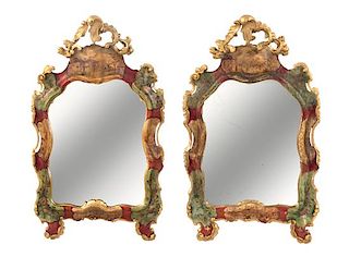 A Pair of Venetian Painted and Parcel Gilt Mirrors Height 29 x width 17 inches.