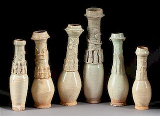 Six Chinese Glazed Pottery Funerary Urns Height of tallest 18 inches.