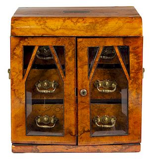 A Victorian Burl Walnut Jewelry Cabinet Height 13 1/4 x width 12 7/8 x depth 9 1/2 inches.