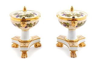 A Pair of English Painted Porcelain Sauce Tureens and Covers Height 9 inches.
