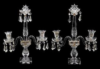 * A Pair of English Cut Glass Two-Light Candelabra Height 19 1/2 inches.