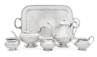 An American Silver Five-Piece Tea and Coffee Service, Durham Silver Co., New York, NY, Mid-20th Century, comprising a teapot, co
