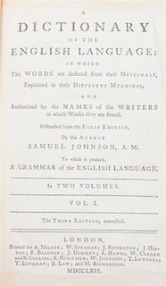 JOHNSON, SAMUEL. Dictionary of the English Language, 1766. 2 v. 3rd ed. W/ Perry, The Royal Standard English Dictionary, c. 1810