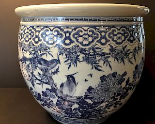 ANTIQUE Large Chinese Blue and White Jardiniere with birds and Flowers, Qing . 18 1/2" Diameter