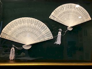 Rare and Fine Chinese Pair Fans in Frame. 11 1/2" x 7", 9 1/2" x 6"