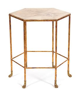 A Modern Gilt Metal and Faux-Goat Skin Hexagonal Side Table Height 29 x diameter 22 inches.