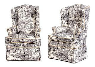 A Pair of Toile Upholstered Armchairs Height 51 x width 31 x depth 26 inches.