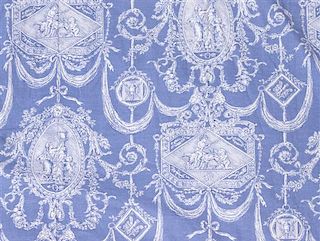 Two Curtain Panels of Blue and White Toile Fabric Height 92 x width 80 inches.