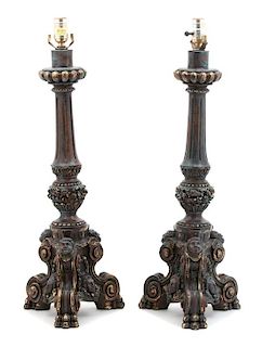 A Pair of Italian Baroque Style Painted and Parcel Gilt Pricket Lamps Height overall 27 inches.