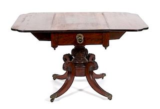A Regency Style Pedestal Base Pembroke Table Height 30 x width 37 1/2 x depth 22 inches.