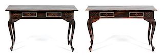 A Pair of Mizner Style Painted Console Tables Height 29 x width 44 x depth 17 inches.