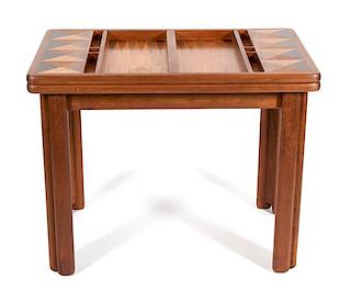 A Modern Inlaid Hardwood Game Table Height 30 x width 38 1/2 x depth 25 inches.