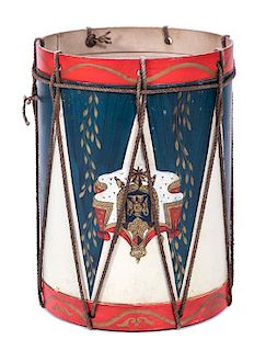 An Italian Tole Painted Ceremonial Drum Height 22 x diameter 14 1/2 inches.