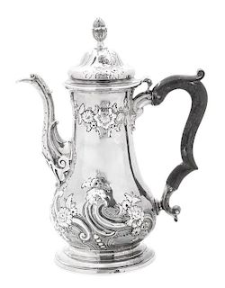 An English Silver Coffee Pot, Unknown Maker, London, 1759-1760, of baluster form, repousse decoration of flower and c-scrolls, s