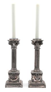A Pair of English Silverplate Corinthian Column-Form Candlesticks Height overall 23 inches.