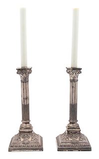 A Pair of English Silverplate Corinthian Column-Form Candlesticks Height overall 19 1/2 inches.