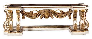 A North Italian Carved Painted and Giltwood Marble Top Console Table Height 34 x width 96 x depth 27 inches.