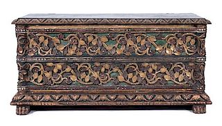 An Italian Baroque Style Painted and Partial Gilt Cassone Height 24 x width 51 x depth 24 inches.