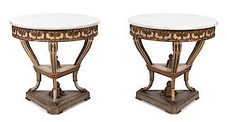 A Pair of Italian/Louis XV Style Marble Top Round Tables Height 29 x diameter 30 inches.