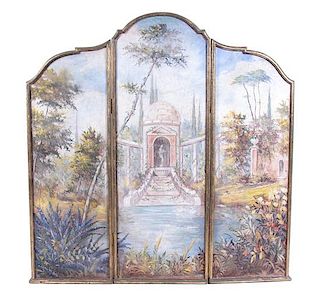 An Italian Three-Panel Painted Screen Height 61 x each panel 21 1/2, overall width 64 1/2 inches.