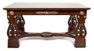An Italian Neoclassical Style Mahogany Library Table Height 29 1/2 x width 59 x depth 39 1/4 inches.