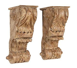 A Pair of Italian Carved Faux Marble Painted Wood Wall Mounts Height 28 x width 10 inches.
