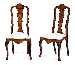 A Pair of Dutch Marquetry Inlaid Side Chairs Height 44 1/2 inches.